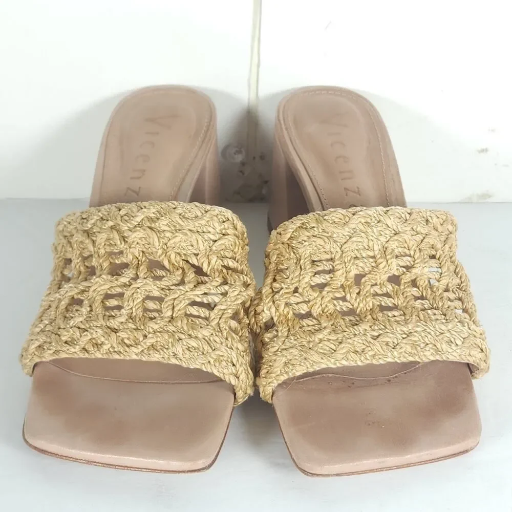 Vicenza Anthropologie Women's US6 Tan Woven Raffia Block Heel Slide Sandals